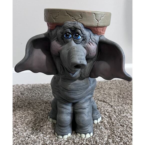 Vintage Whimsical Gray ELEPHANT Waddle Pot Ceramic Terracotta Planter 11"